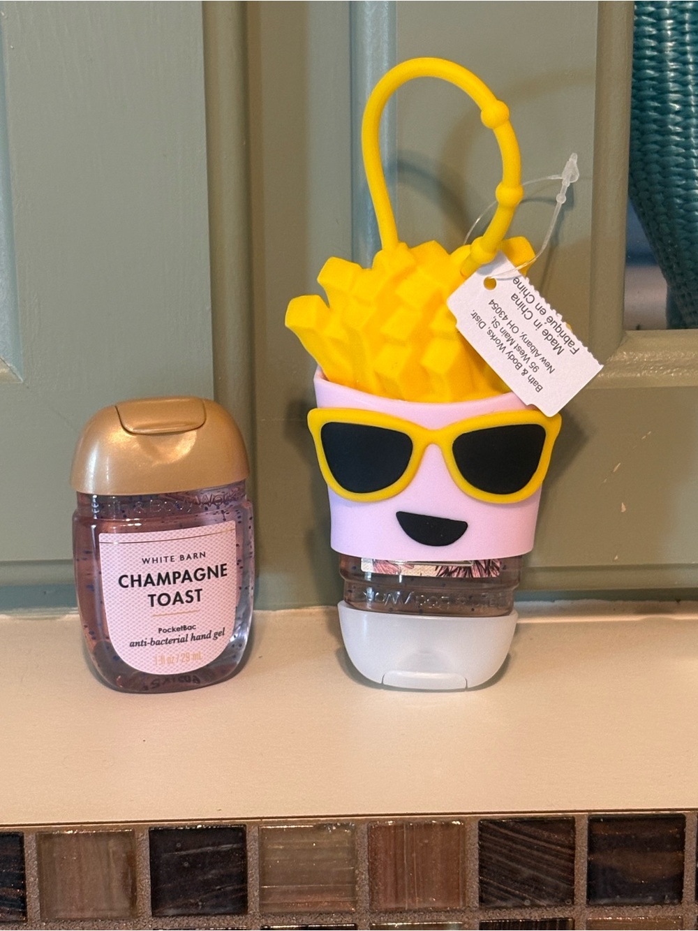 Bath & Body Works Pink French Fry Hand Sanitizer Holder with Yellow Topper